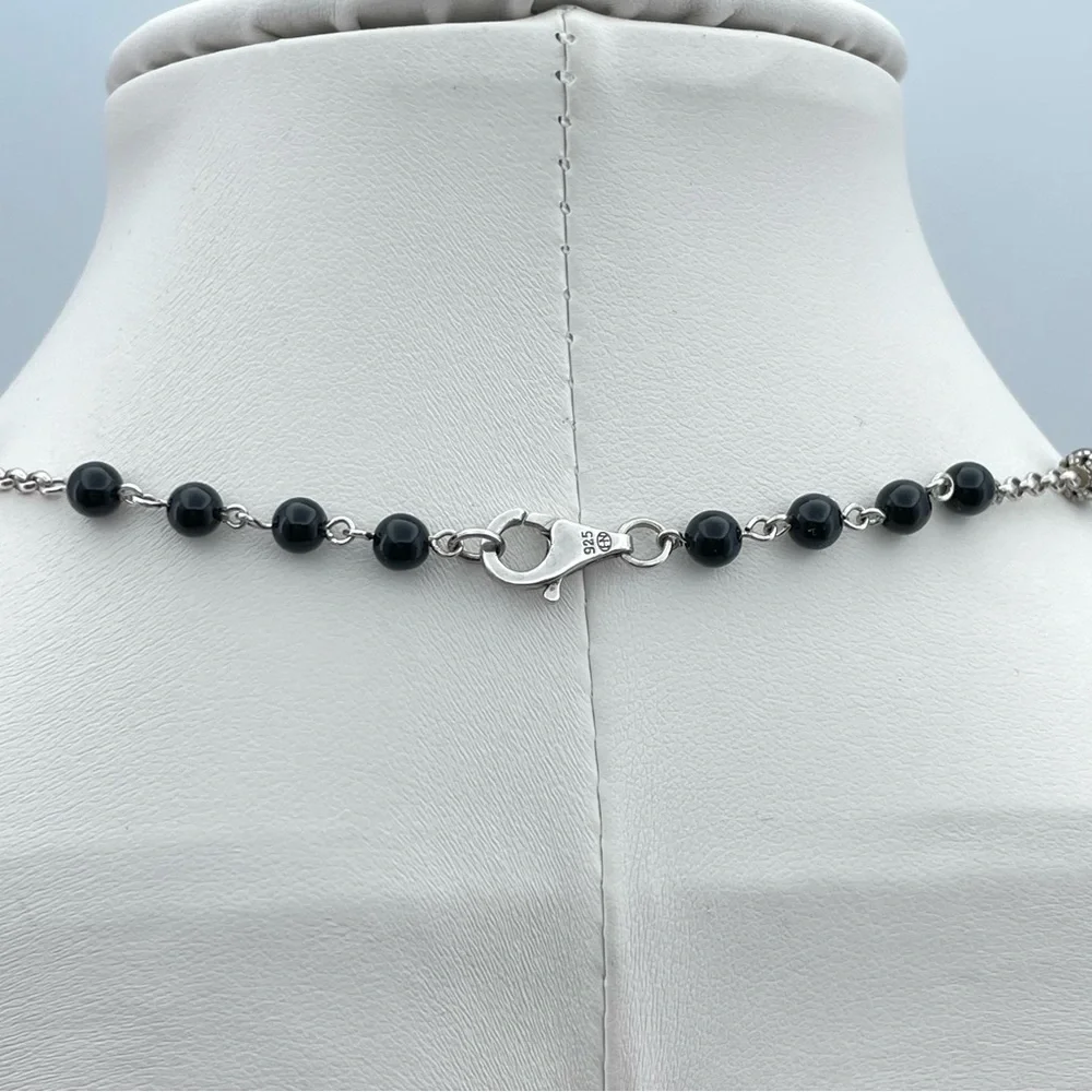 Victorian Gothic Revival 925 Silver Cross Necklace – Black Onyx Beaded Chain